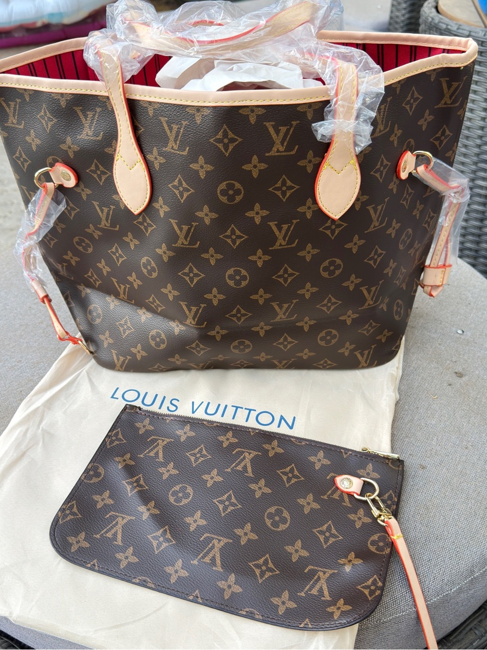 Inspired Monogram Brown Neverfull Tote with Red-Trim Interior